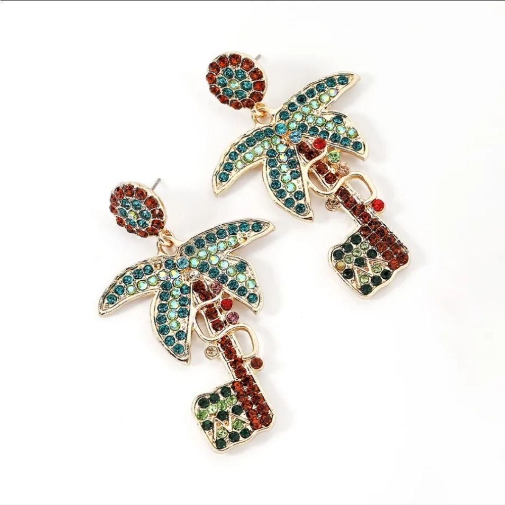 Palm tree earrings Coconut Tropical Vacation Rhinestone | NWOT